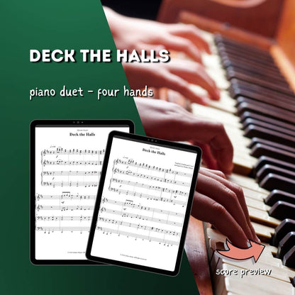 christmas holiday carol piano duet four hands sheet music arrangement deck the halls raluca bojor teacher student repertoire recital church performance download pdf