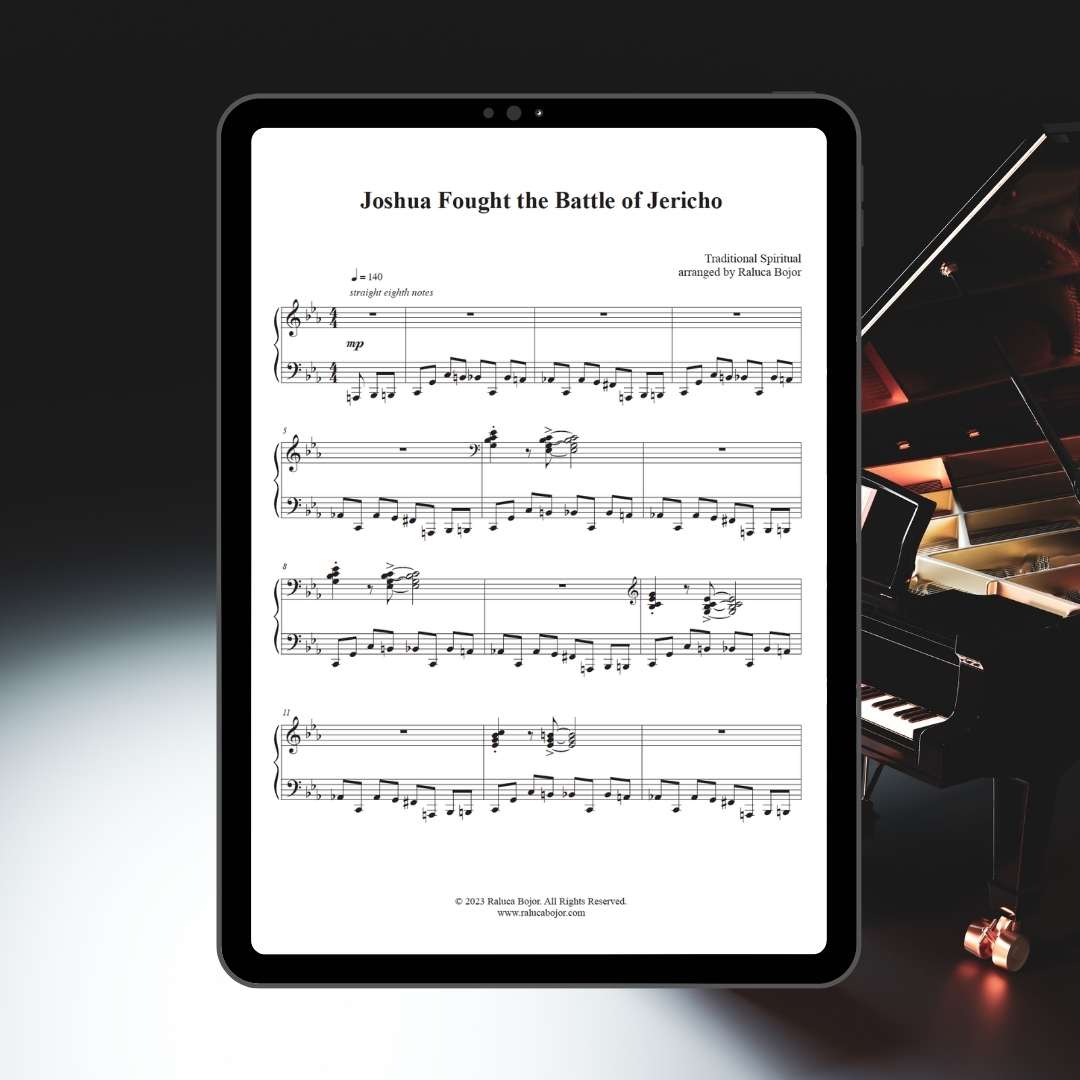 advanced piano arrangement traditional spiritual gospel style raluca bojor sheet music church hymn prelude offertory postlude joshua fought the battle of jericho sunday morning worship repertoire