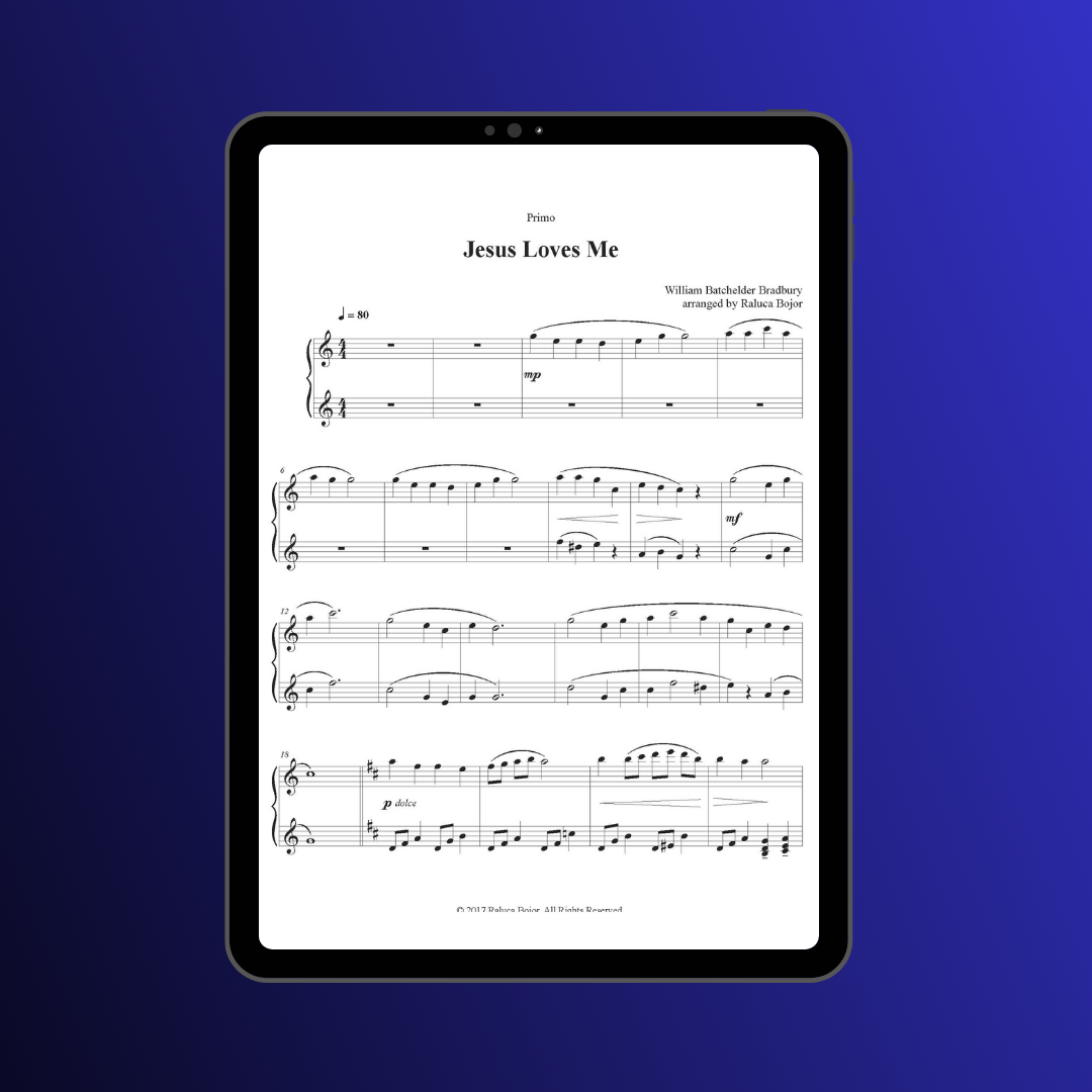 Jesus loves me four hands piano duet sheet music pdf traditional hymn hymns church raluca bojor